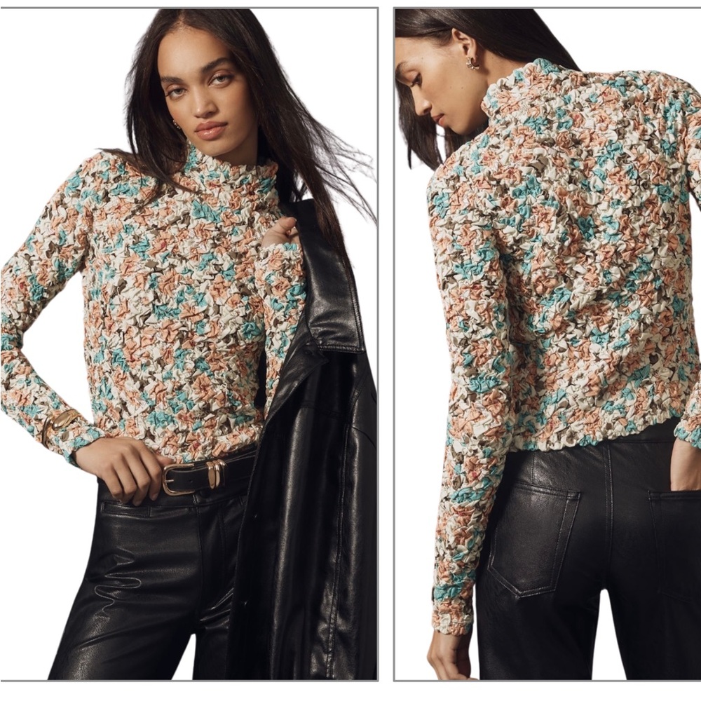 NWOT - ANTHROPOLOGIE - DOLAN Printed Pebble-Smocked  Turtleneck Top - Sz Large